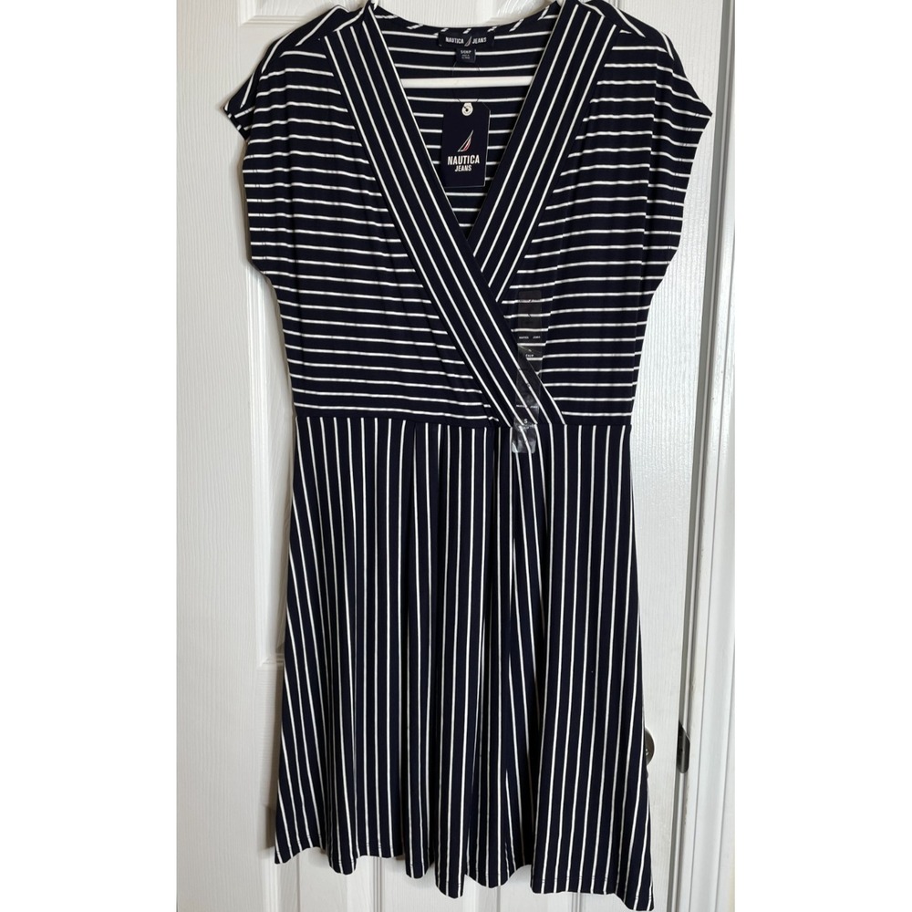 Nautica Jeans Coronado Beach Dress Size Small Navy Blue White Stripe NWT